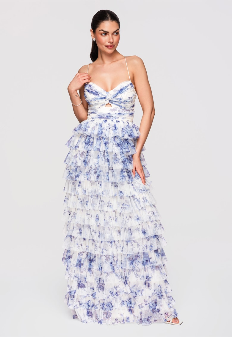 LARICA Rochie Maxi de Seara - Tulle Stratificat - Croiala Evazata cu Spatele Gol - Albastru