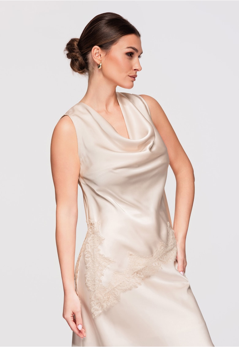 LARICA Bluza de dama eleganta - tip Cascada - din Satin cu Dantela - Croiala Lejera - Bej