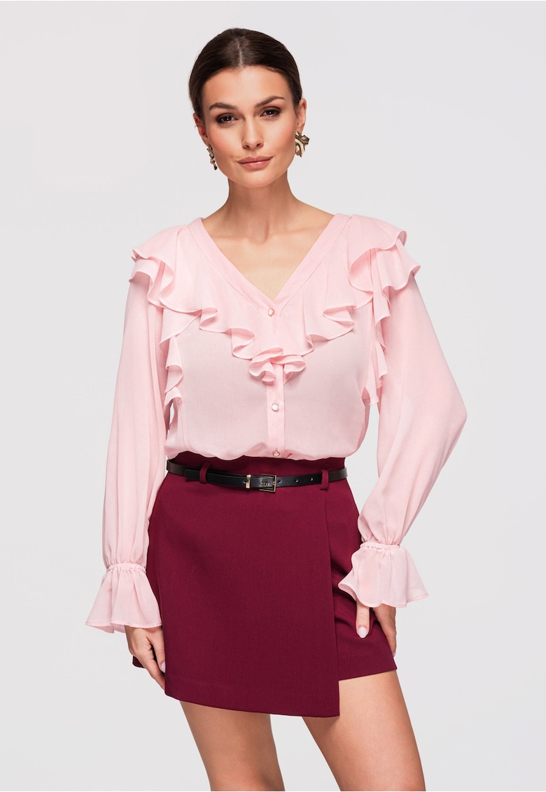 LARICA Camasa dama eleganta - cu volane delicate - din poliester semi-transparent - croiala lejera - Roz