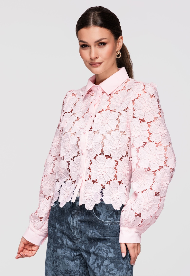 Camasa dama eleganta - croi scurt - material ajurat cu motiv floral - stil modern - Roz