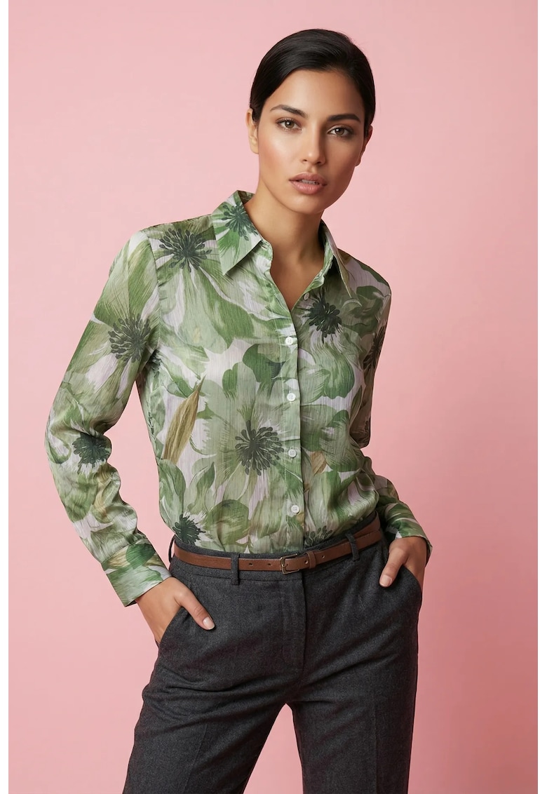 Camasa dama - camasa cu imprimeu floral - verde - poliester - maneca lunga