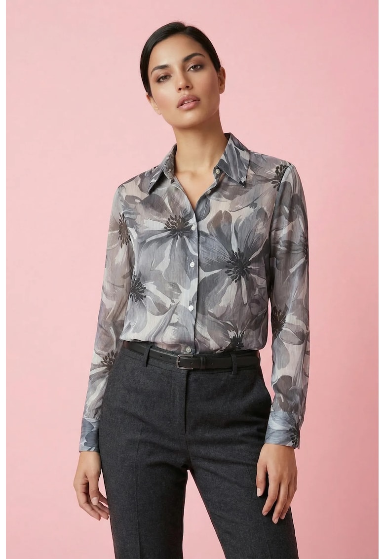 Camasi dama - camasa cu imprimeu floral - negru - poliester - maneca lunga