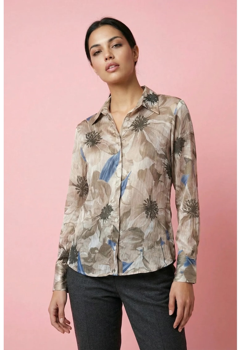 Camasi dama - camasa cu imprimeu floral - lungime maneca lunga - culoare maro nuc - 100% poliester