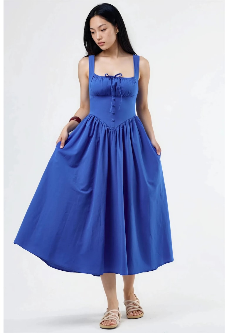 Rochie Midi guler patrat - cu nasturi - bumbac/poliester - Albastru cobalt
