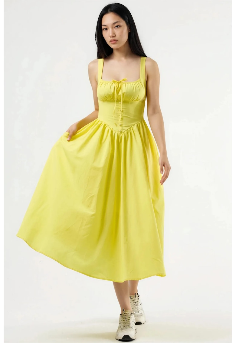 Rochie Midi guler patrat - cu nasturi - bumbac/poliester - Galben lamaie
