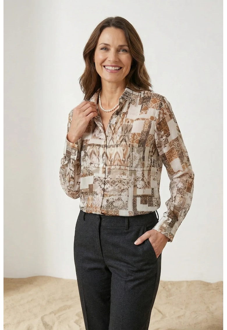 Camasi dama - camasa cu model geometric - maro camel - 100% poliester - maneca lunga