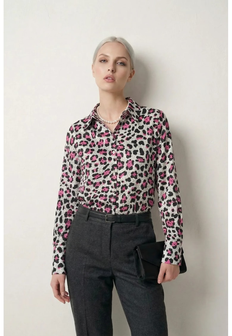 Camasi dama - camasa cu maneca lunga - imprimeu leopard - roz magenta - poliester