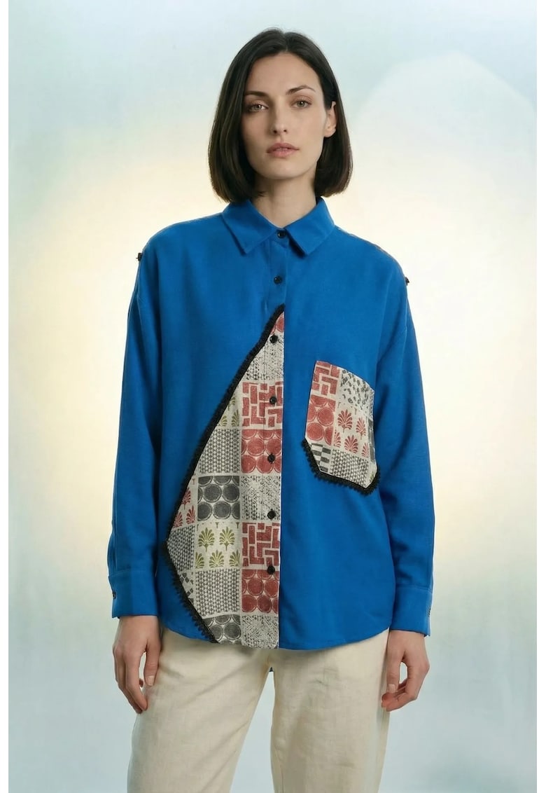 Camasi - camasa cu nasturi din amestec de in cu imprimeu geometric - albastru cobalt - maneci lungi - buzunar