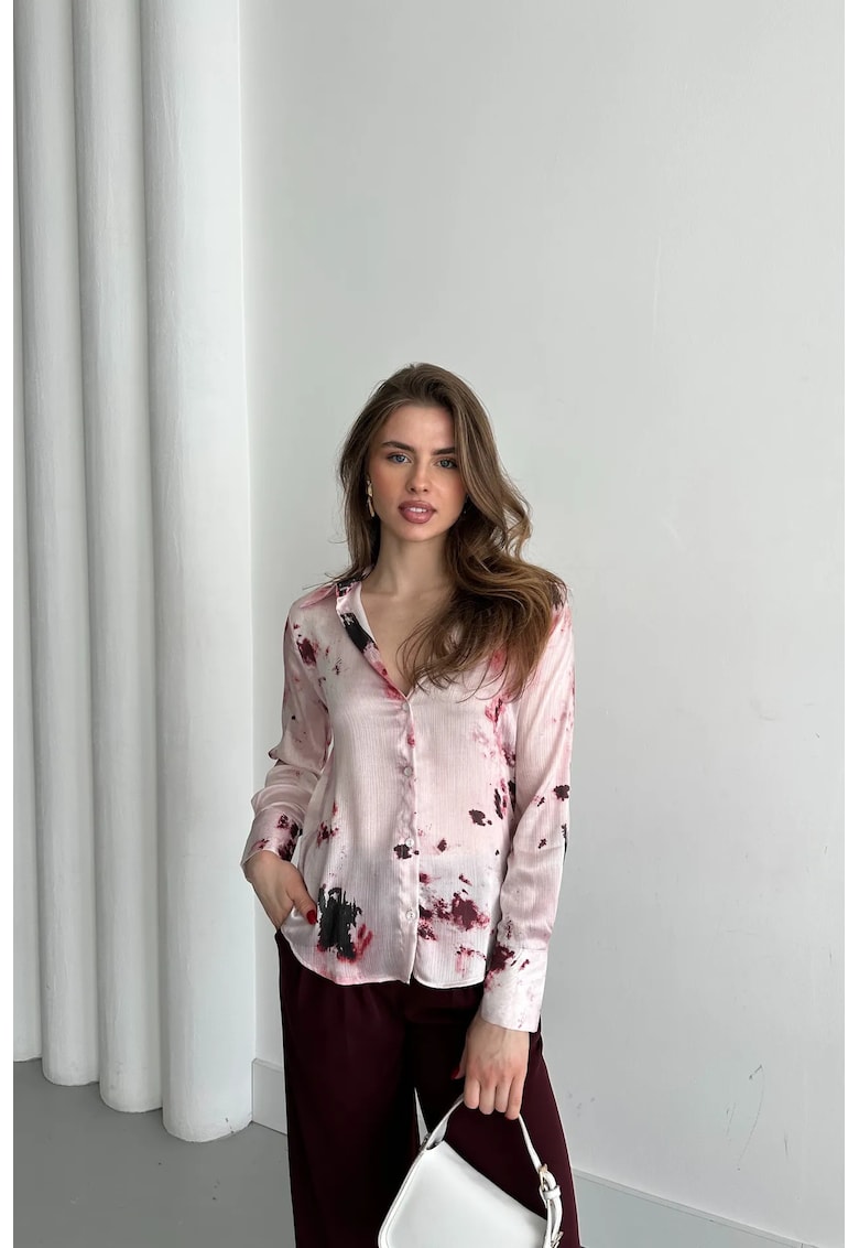 Camasi dama - camasa din satin cu imprimeu abstract - roz pudrat - maneca lunga