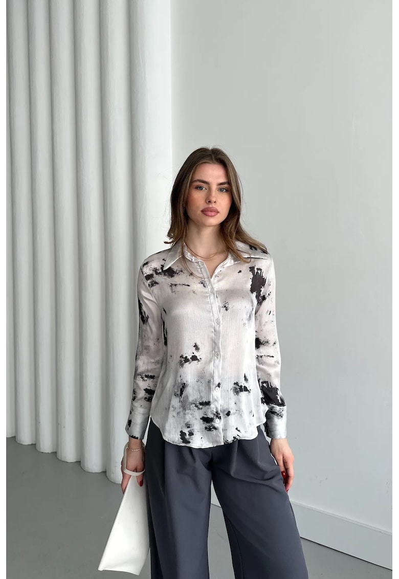 Camasi dama - camasa din satin cu imprimeu abstract - negru - 100% poliester