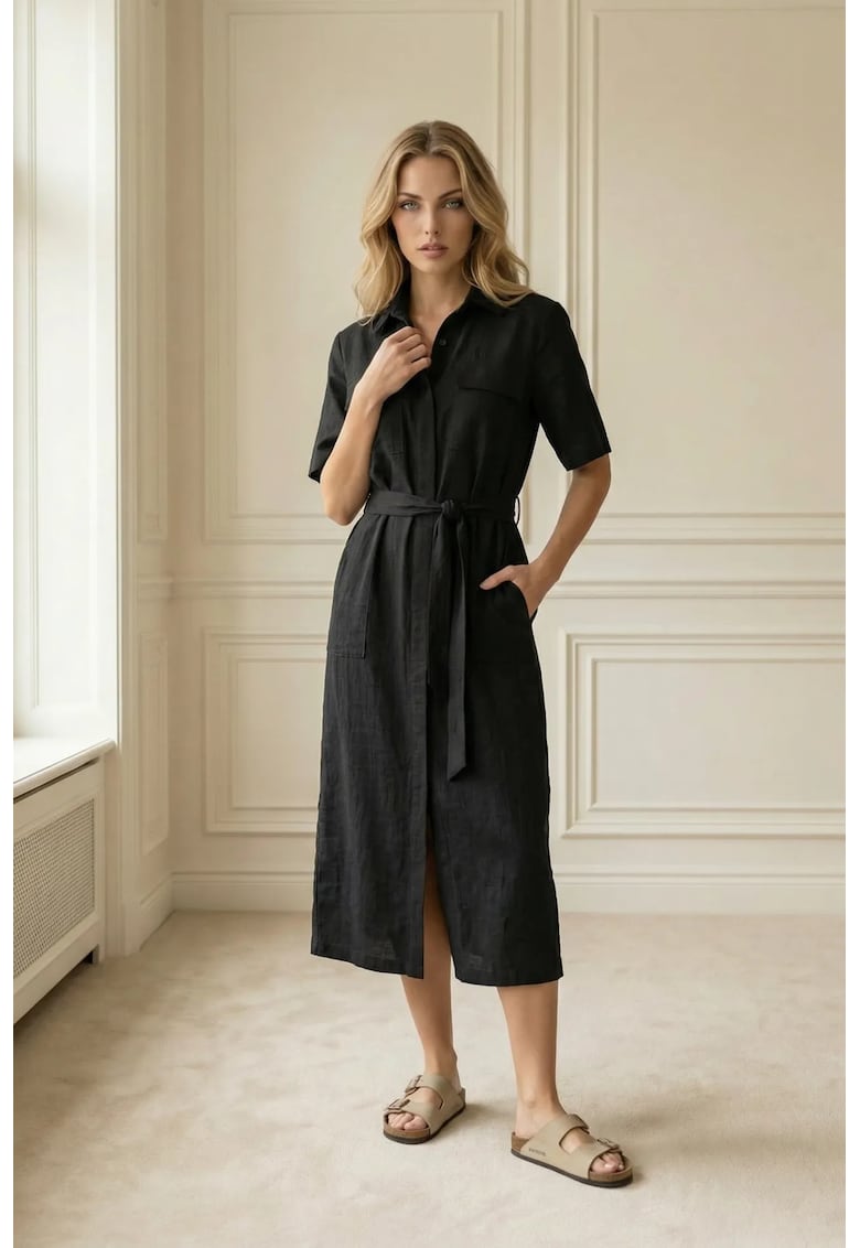 Rochie tip camasa - cu cordon negru - bumbac/in - maneci scurte