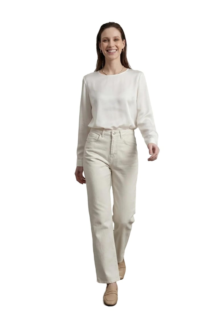 Pantaloni dama - denim - talie inalta - croiala dreapta - alb - cu buzunare -