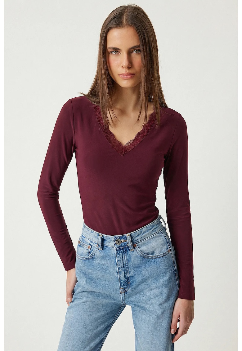 Bluza dama - Happiness Istanbul - Dantela - Mov inchis - Decolteu in V