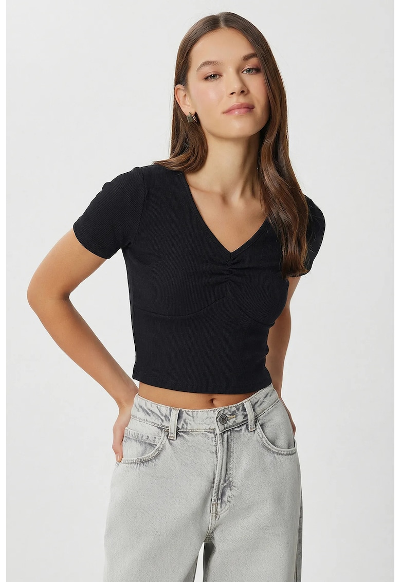 Tricou dama - Happiness Istanbul - Bumbac/Elastan - Negru - Decolteu in V -