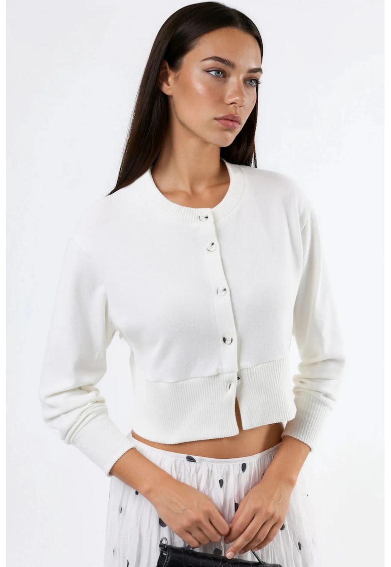 Pulover casual cu nasturi - guler rotund - alb - poliester si elastan