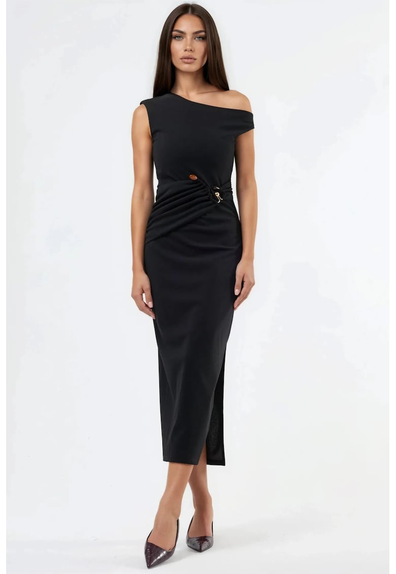 Rochie midi cu guler asimetric - neagra - poliester si elastan