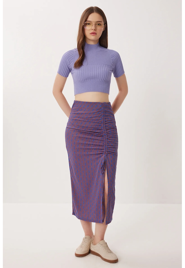 Fusta midi - Happiness Istanbul - mulata - imprimeu geometric - albastru-portocaliu - poliester - M -