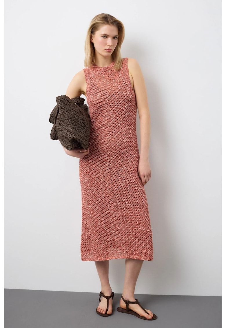 Rochie midi cu model cu perforatii - Alb/Portocaliu