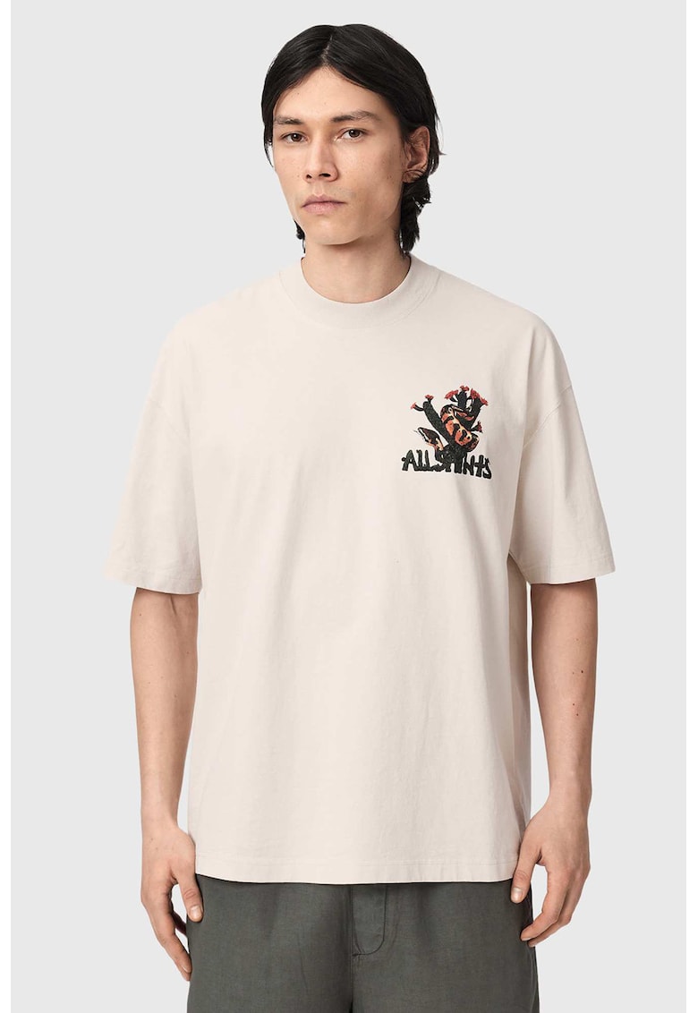 Tricou supradimensionat din bumbac organic cu imprimeu grafic - Gri verzui/Alb murdar/Rosu mac