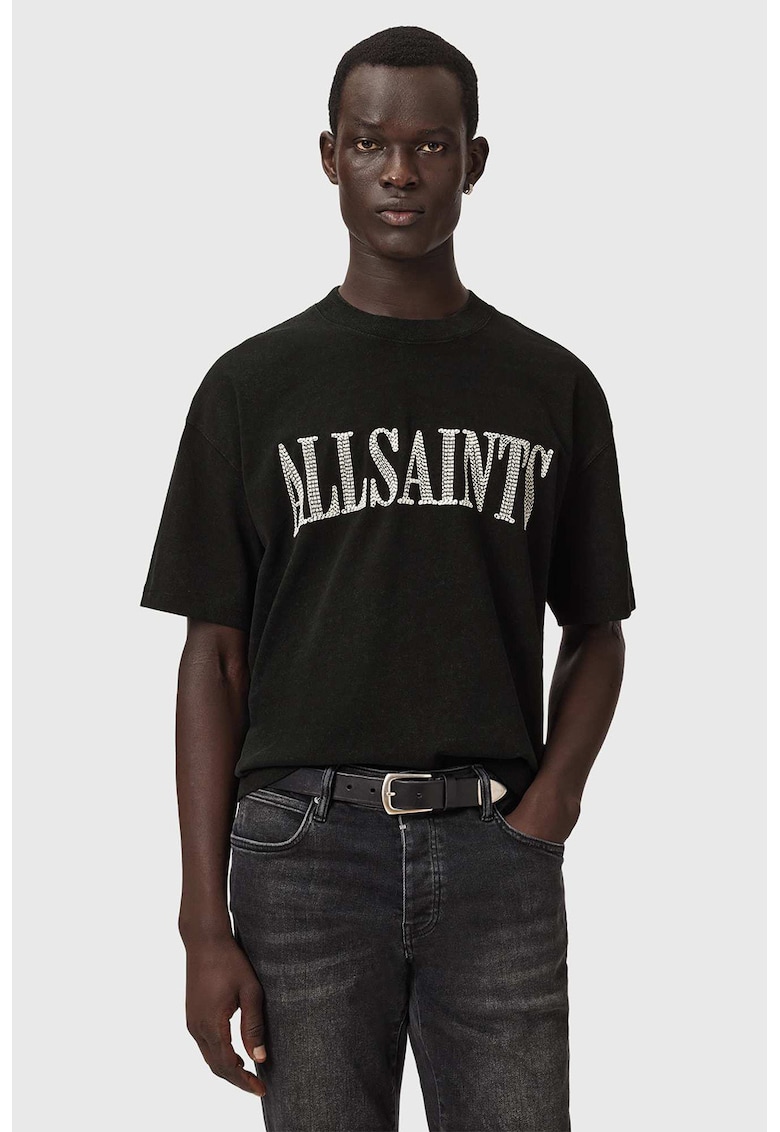 Tricou cu decolteu la baza gatului si logo decorat Dash - Negru