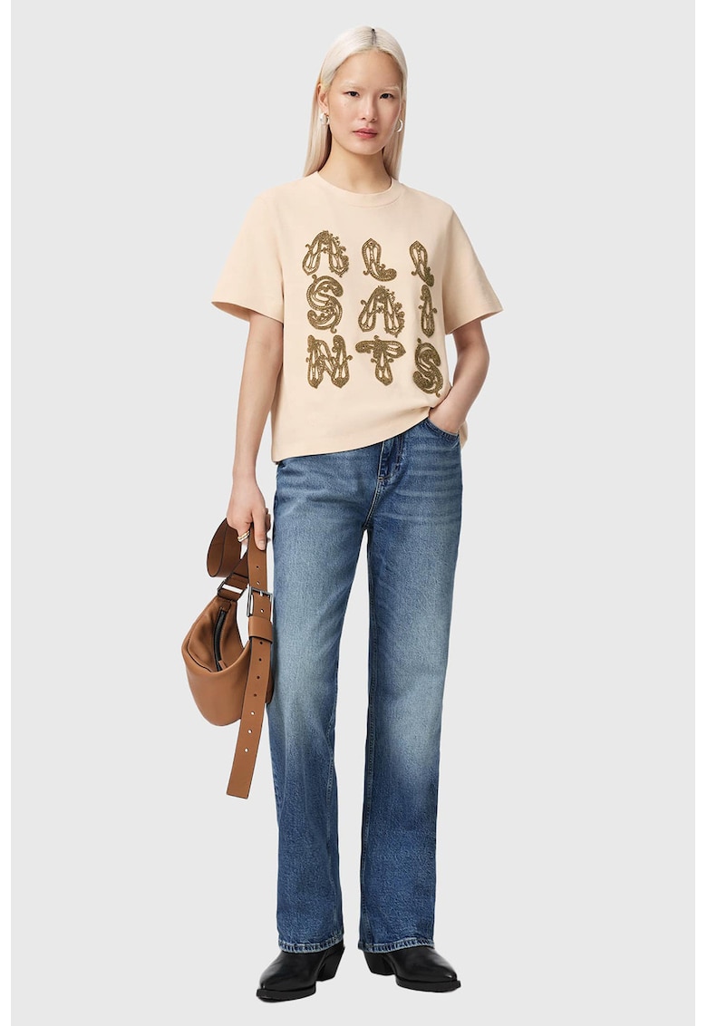 Tricou de bumbac cu logo cu margele Ella - Bej