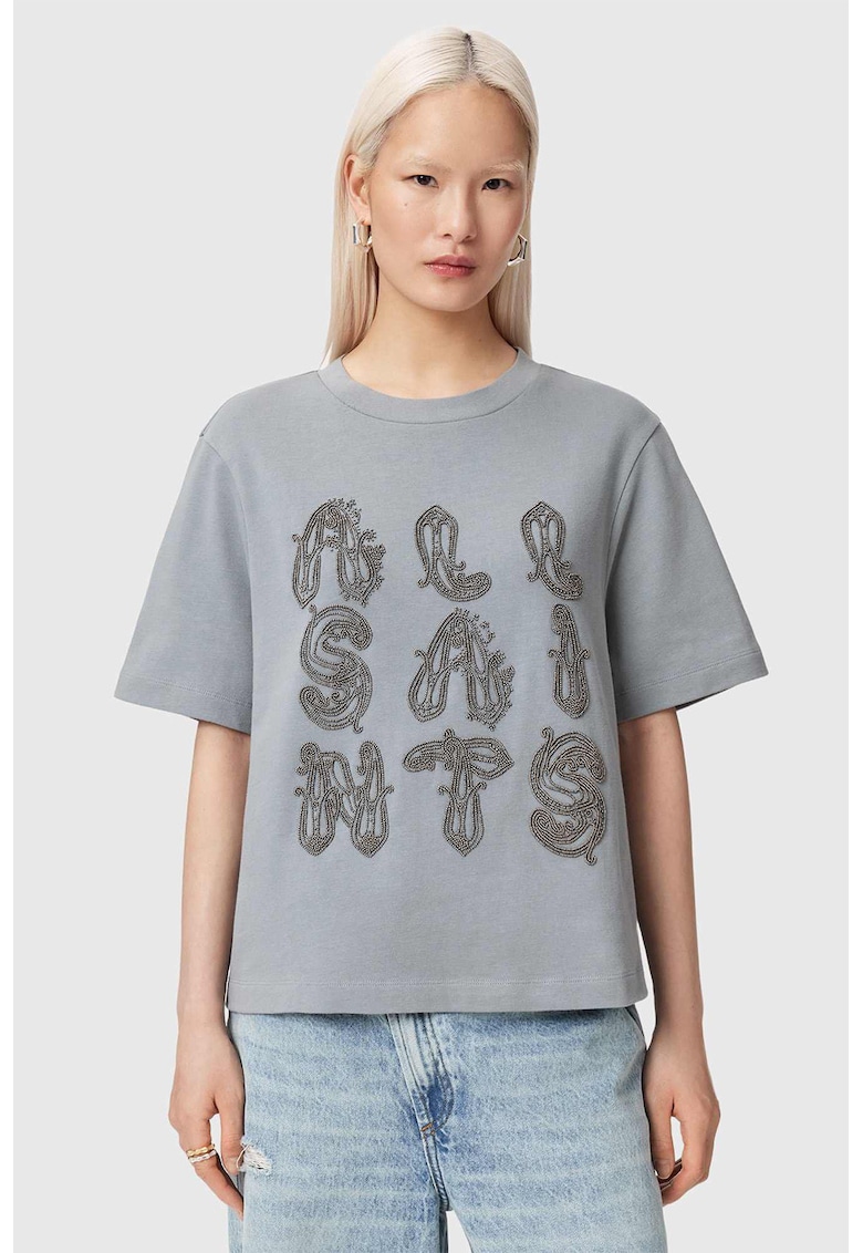 Tricou de bumbac cu logo cu margele Ella - Albastru prafuit