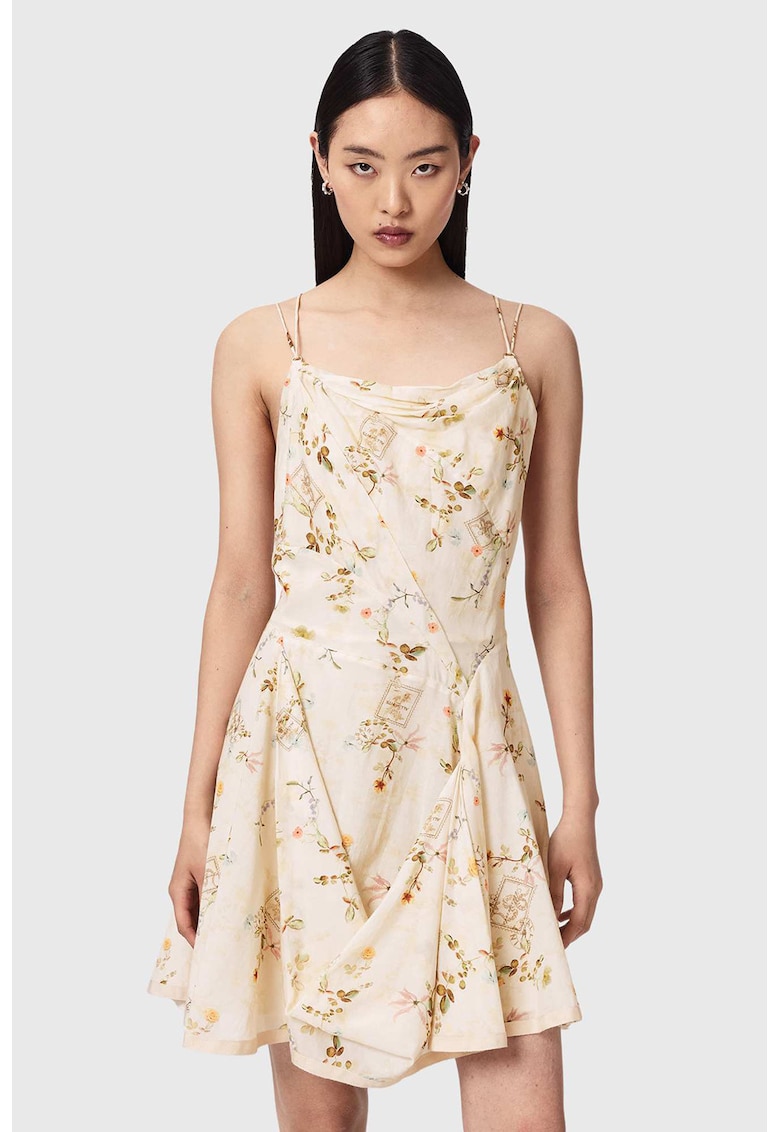 Rochie mini din amestec de bumbac organic cu model floral Claire - Portocaliu pal/Verde masliniu/Crem