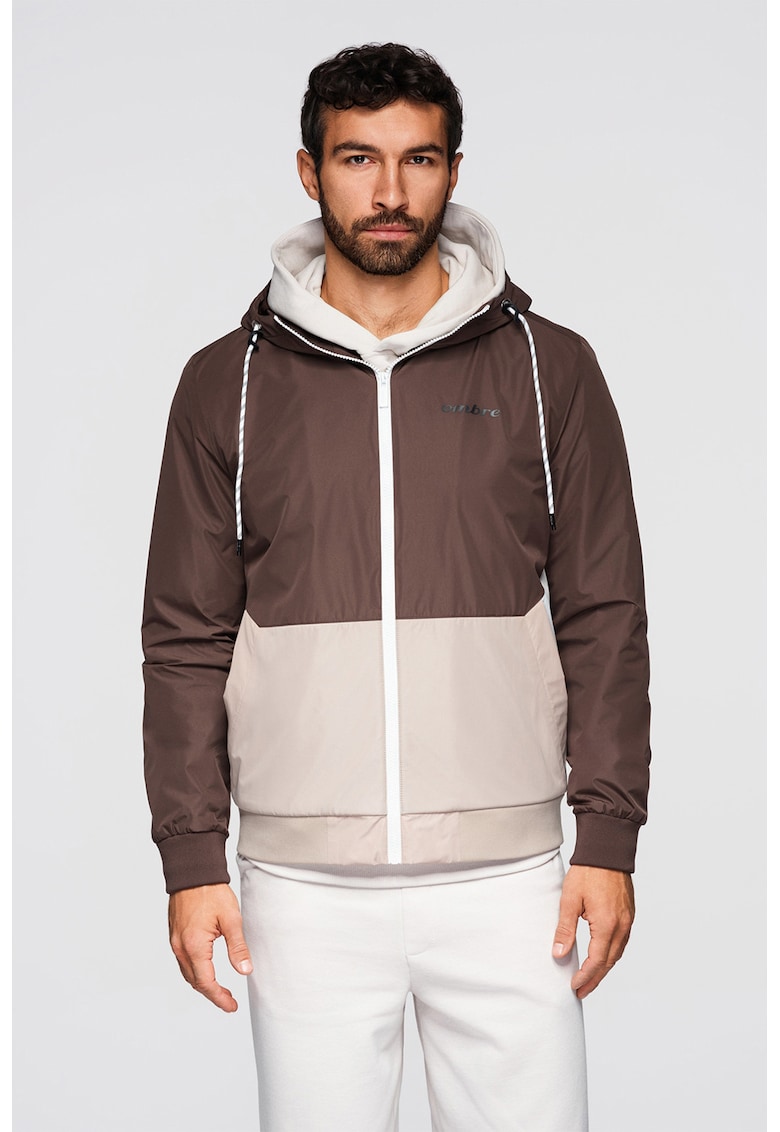 Jacheta cu gluga si captuseala din material fleece - Maro/Alb murdar