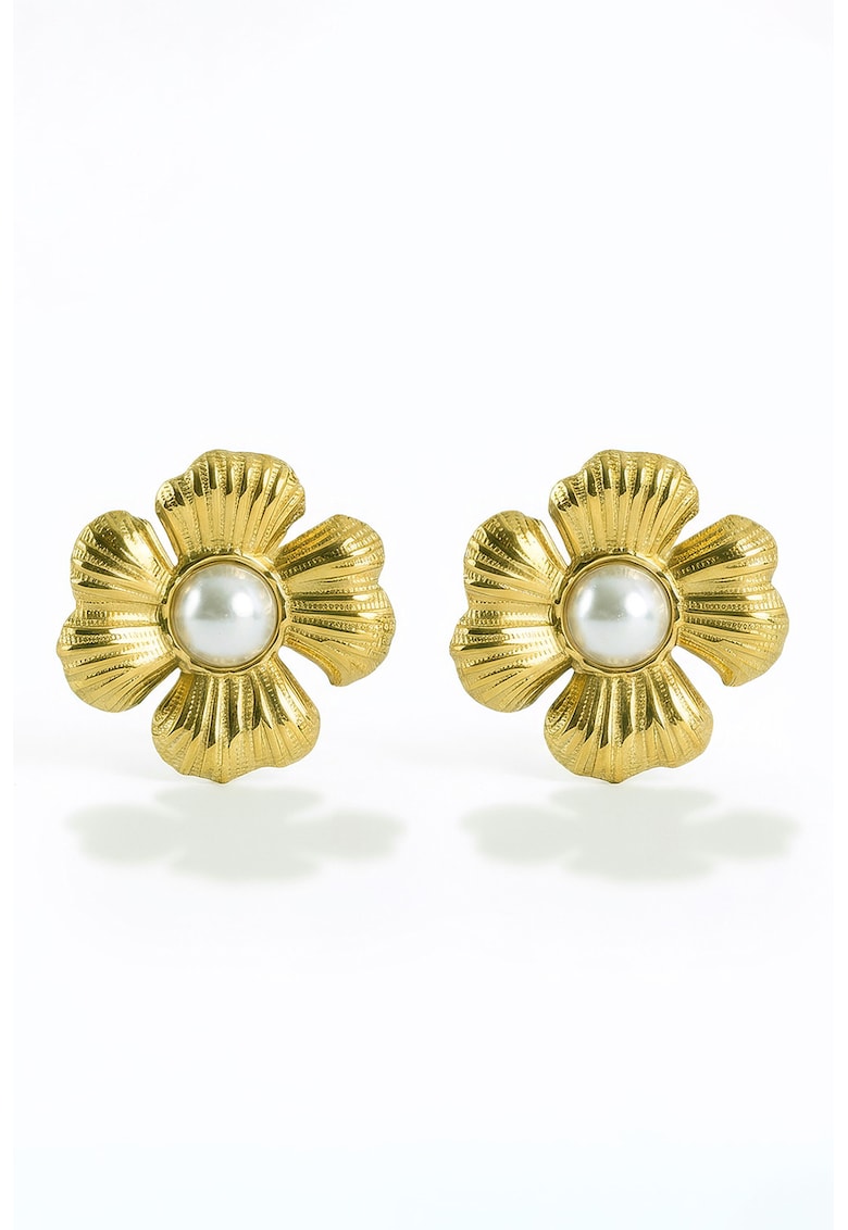 Cercei in forma de floare placati cu aur de 18K - Alb/Auriu