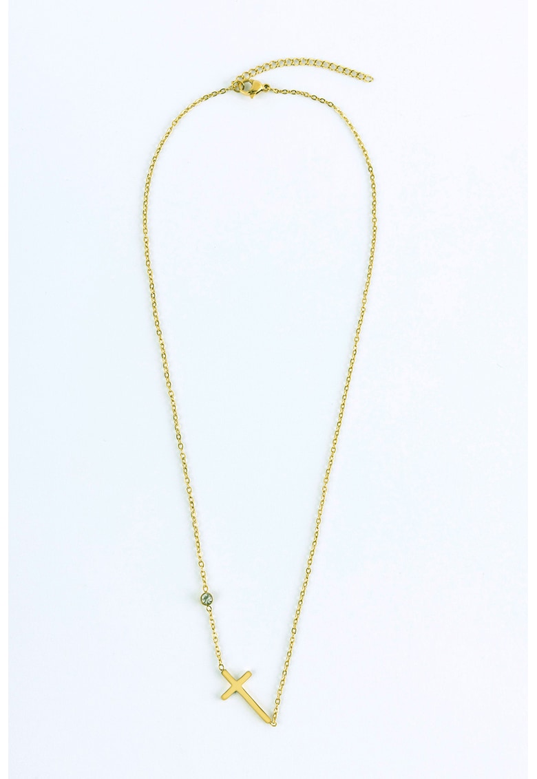 Colier placat cu aur de 18K si pandantiv cruce - Auriu/Verde aquamarin