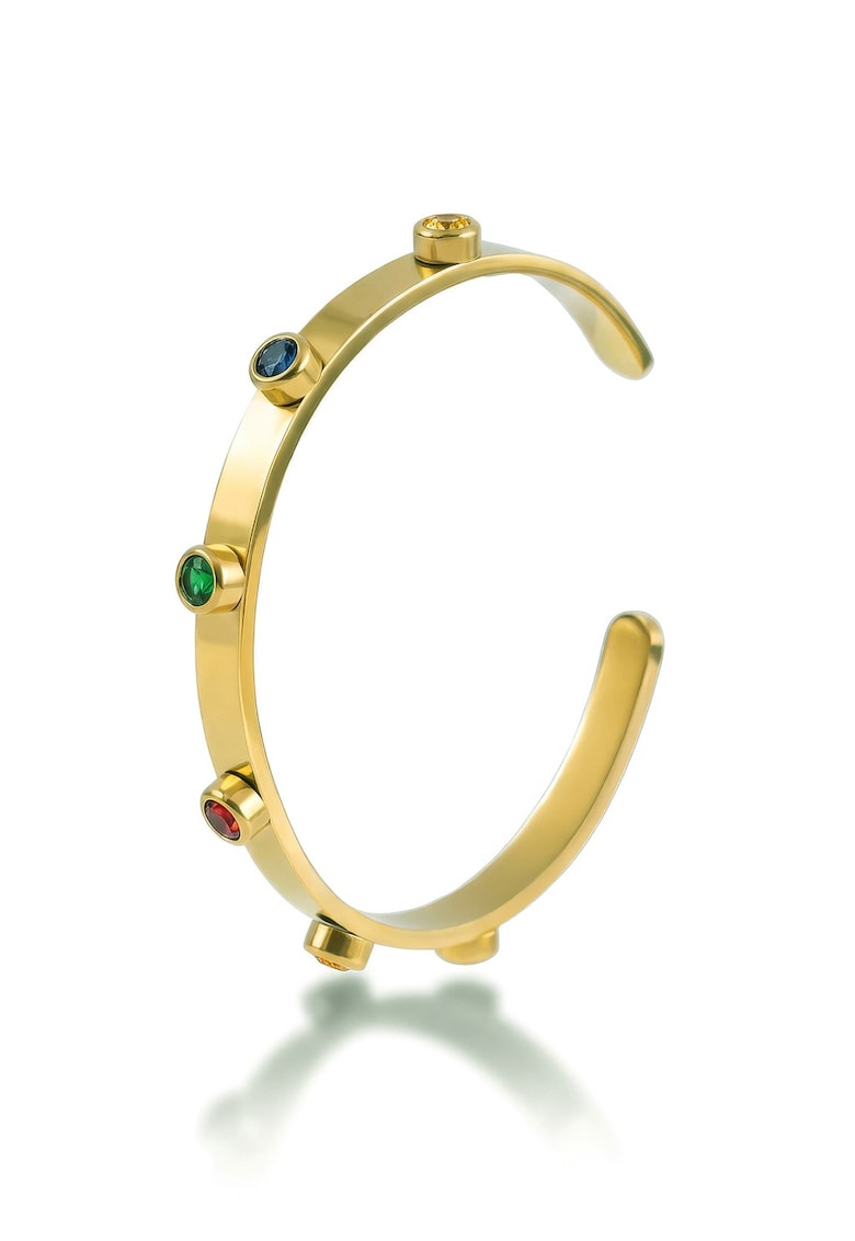 Bratara rigida placata cu aur de 18K si decoarata cu cristale - Rosu/Verde/Auriu/Albastru inchis