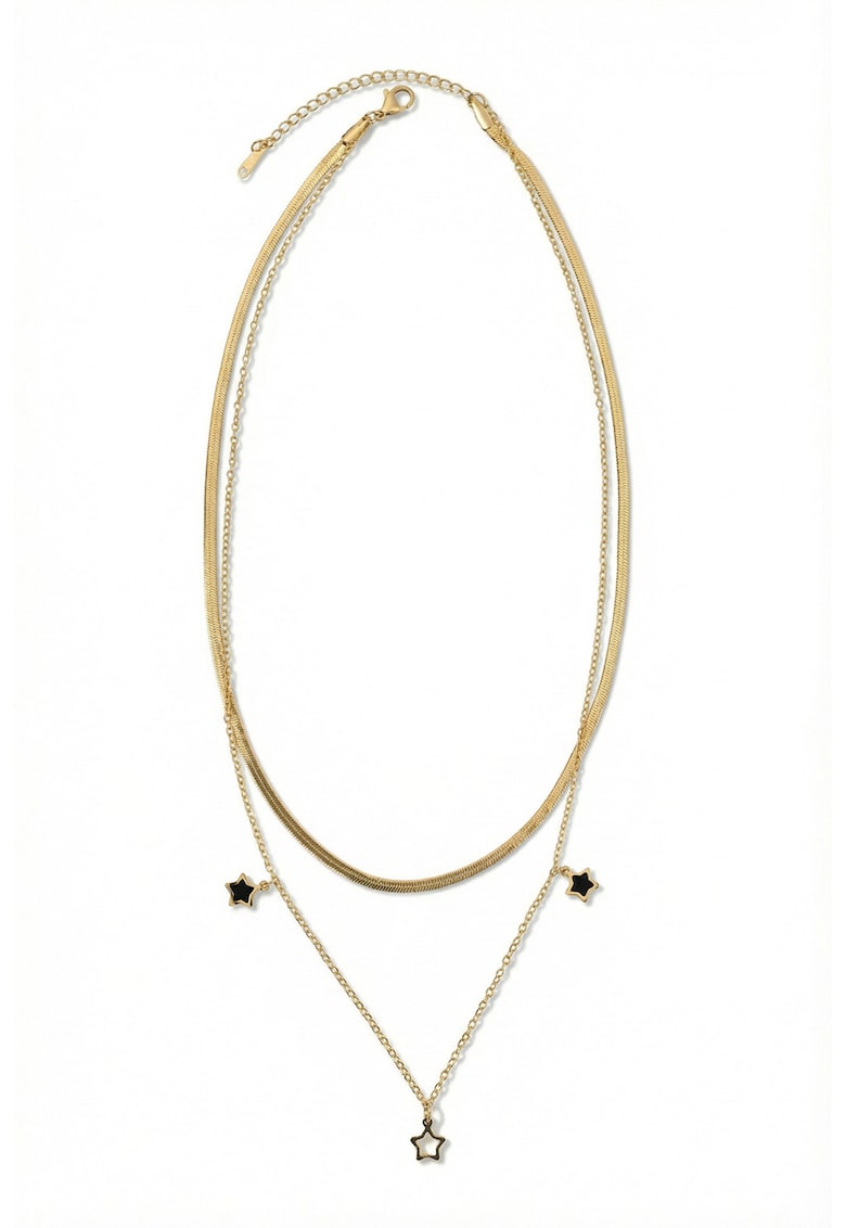 Colier cu siraguri multiple si placat cu aur de 18K - decorat cu pandantive stea - Auriu/Negru