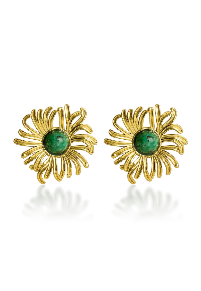 Cercei din otel inoxidabil placati cu aur de 18K - cu design floral - Auriu/Verde englez