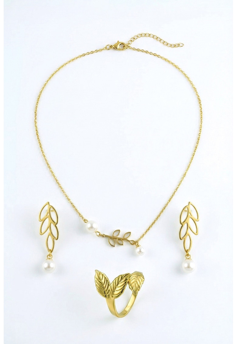 Set placat cu aur de 18K si decorat cu perle - Alb/Auriu