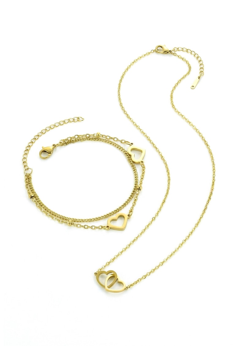 Set de bratara placata cu aur de 18K si colier cu pandantiv inima - Auriu