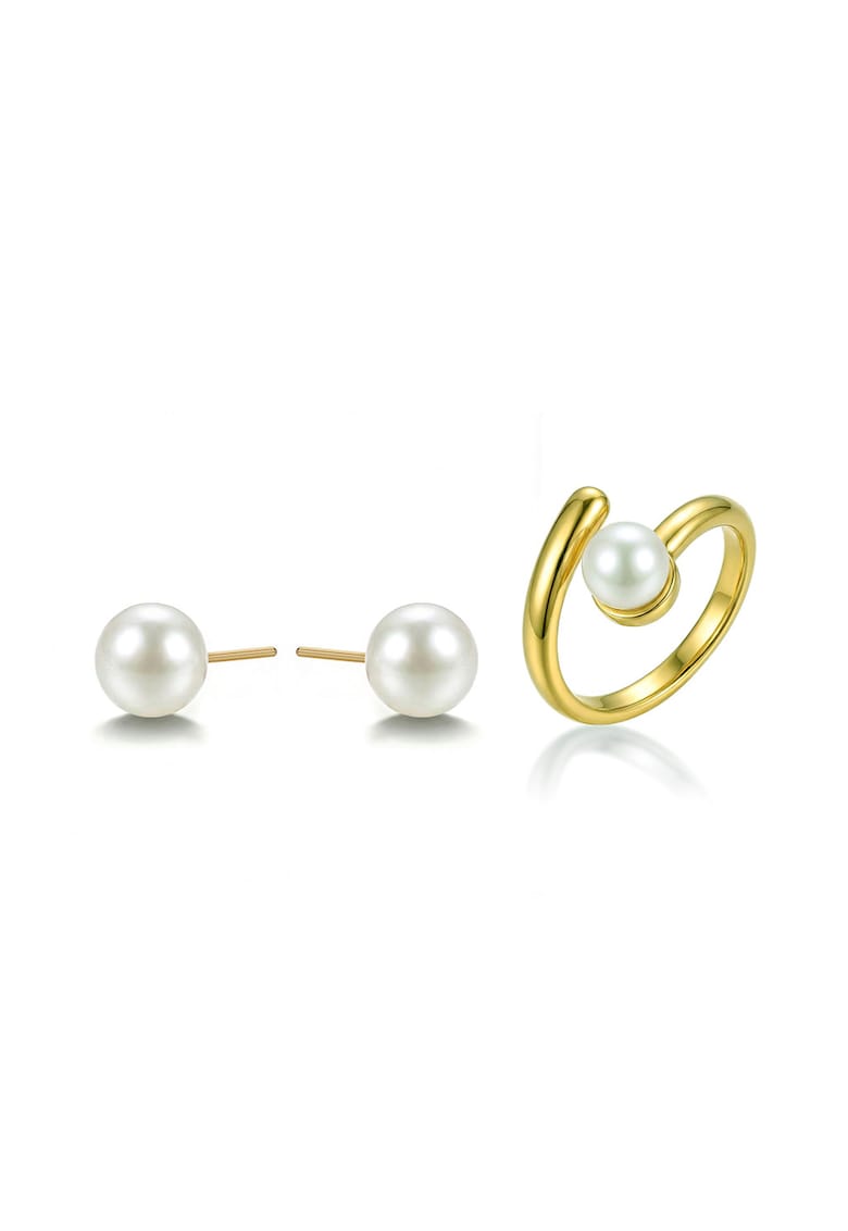 Set de cercei si inel placat cu aur de 18K si decorate cu perle - Alb/Auriu