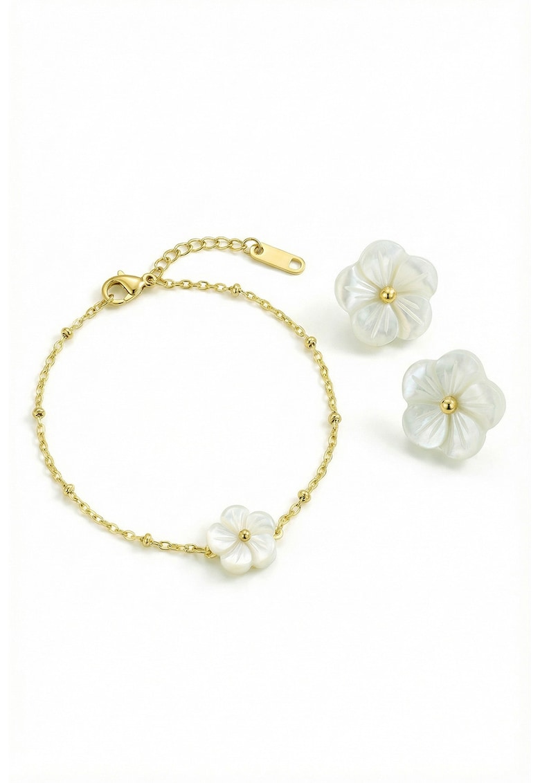 Set de cercei si bratara placat cu aur de 18K - cu design floral - Alb/Auriu