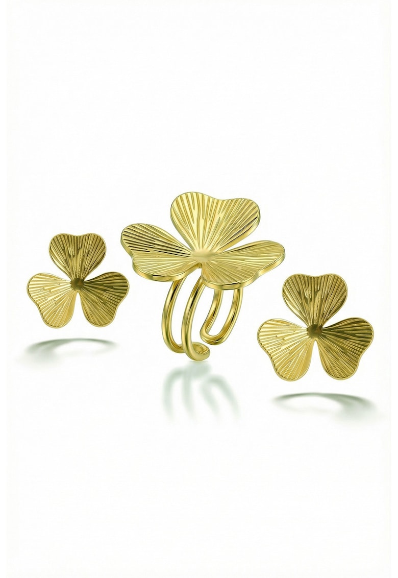 Set de inel si cercei placat cu aur de 18K - cu design floral - Auriu
