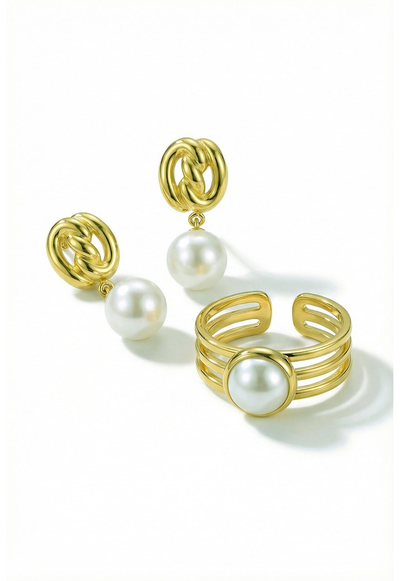 Set de inel si cercei placat cu aur de 18K si decorat cu perla - Alb/Auriu