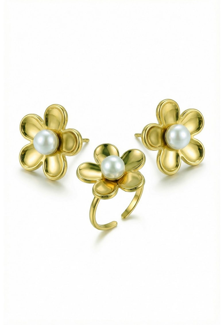 Set de cercei si inel cu design floral si decorat cu perle - Alb/Auriu