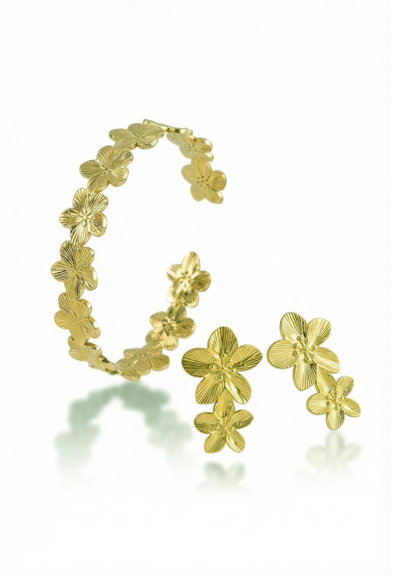 Set de bratara rigida si cercei in forma de floare placat cu aur de 18K - 3 piese - Auriu