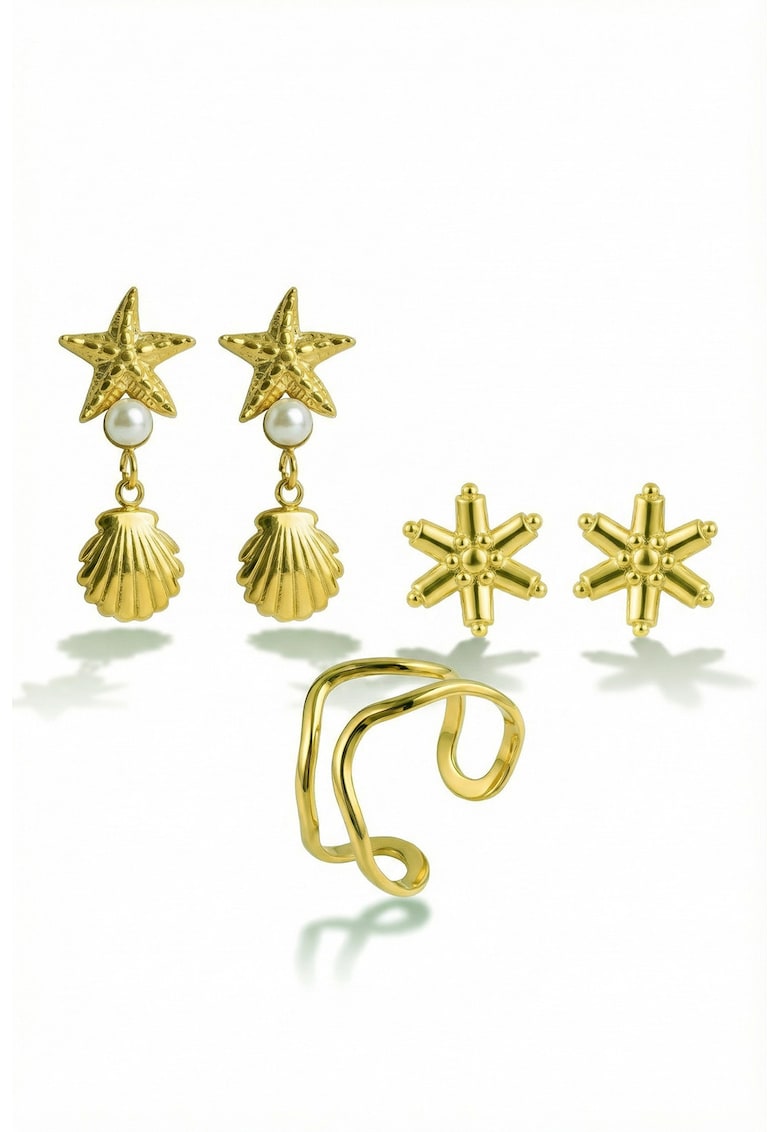 Set de cercei si inele placat cu aur de 18K - 5 piese - Auriu