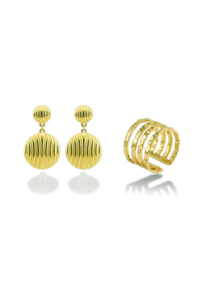 Set de inel cu siraguri multiple si cercei placat cu aur de 18K - 3 piese - Auriu