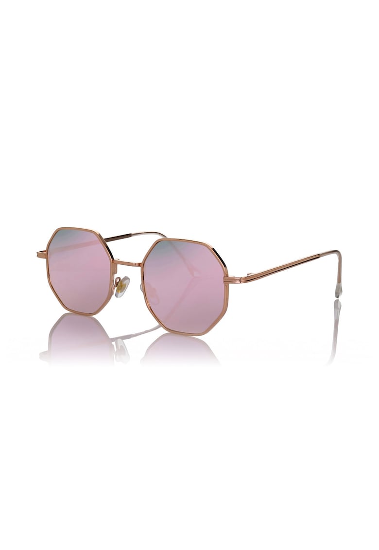 Ochelari de soare hexagonali cu lentile oglinda si model unisex - Auriu rose