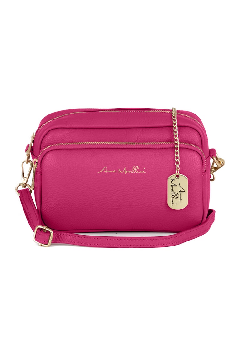 Geanta crossbody din piele cu buzunar frontal cu fermoar - Fucsia