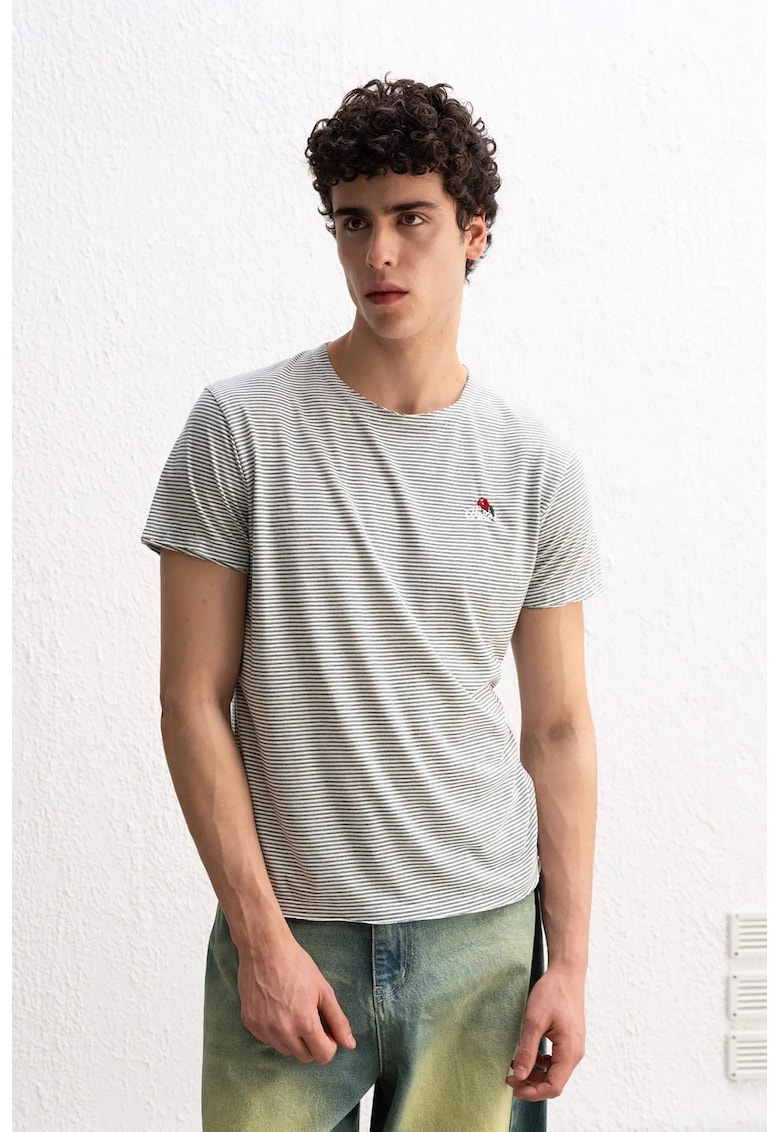 Tricou barbati - tricou cu dungi - broderie - gri - poliester