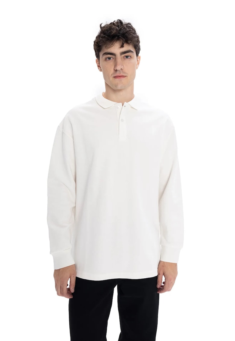 Bluza polo barbati - maneca lunga - alb - poliester - detalii nasturi