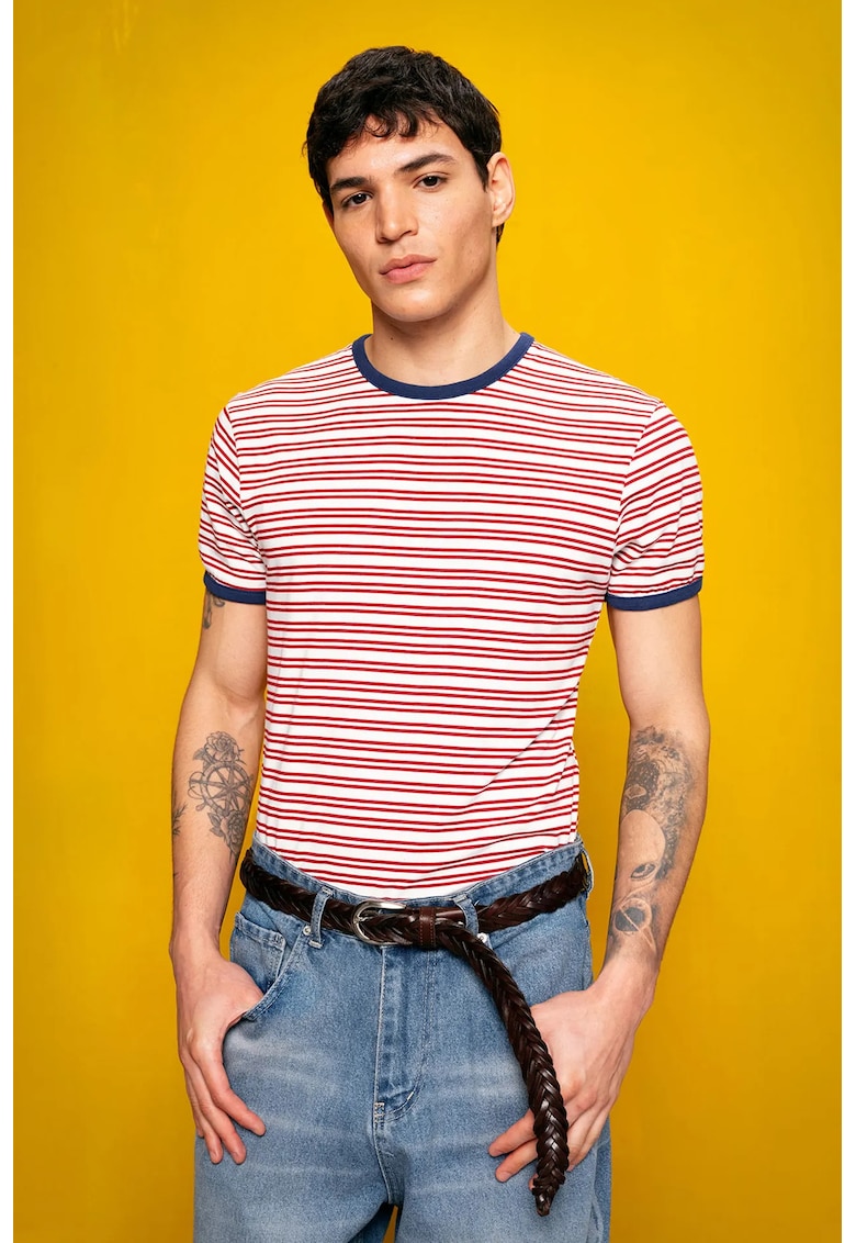 Tricou Barbati - Slim Fit - dungi - rosu - elastic - poliester-viscoza-elastan