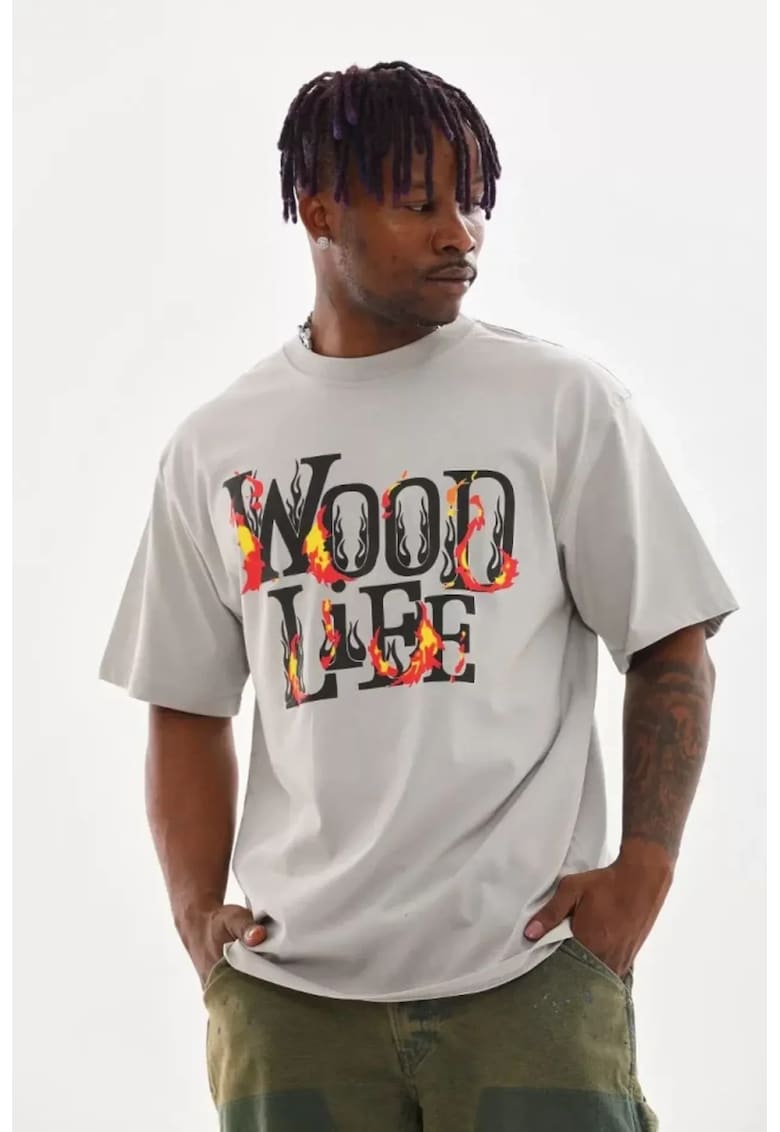 Tricou supradimensionat - imprimeu pe spate - gri - bumbac-poliester-elastan
