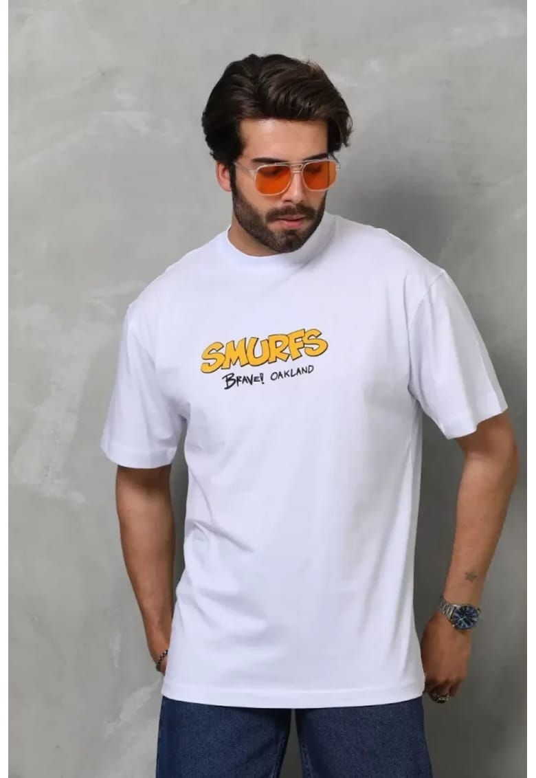 Tricou barbati supradimensionat - imprimeu grafic - alb - bumbac 85%